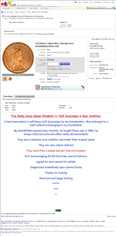 barry-100 eBay Listing Using our 1982 Mint Condition Sovereign Obverse & Reverse Photographs
